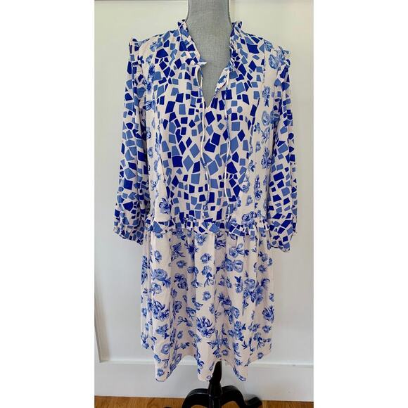 Tolani Collection Mae Mini Dress Geo Floral Blue/White Large Long Sleeve Ruffle - Picture 1 of 4
